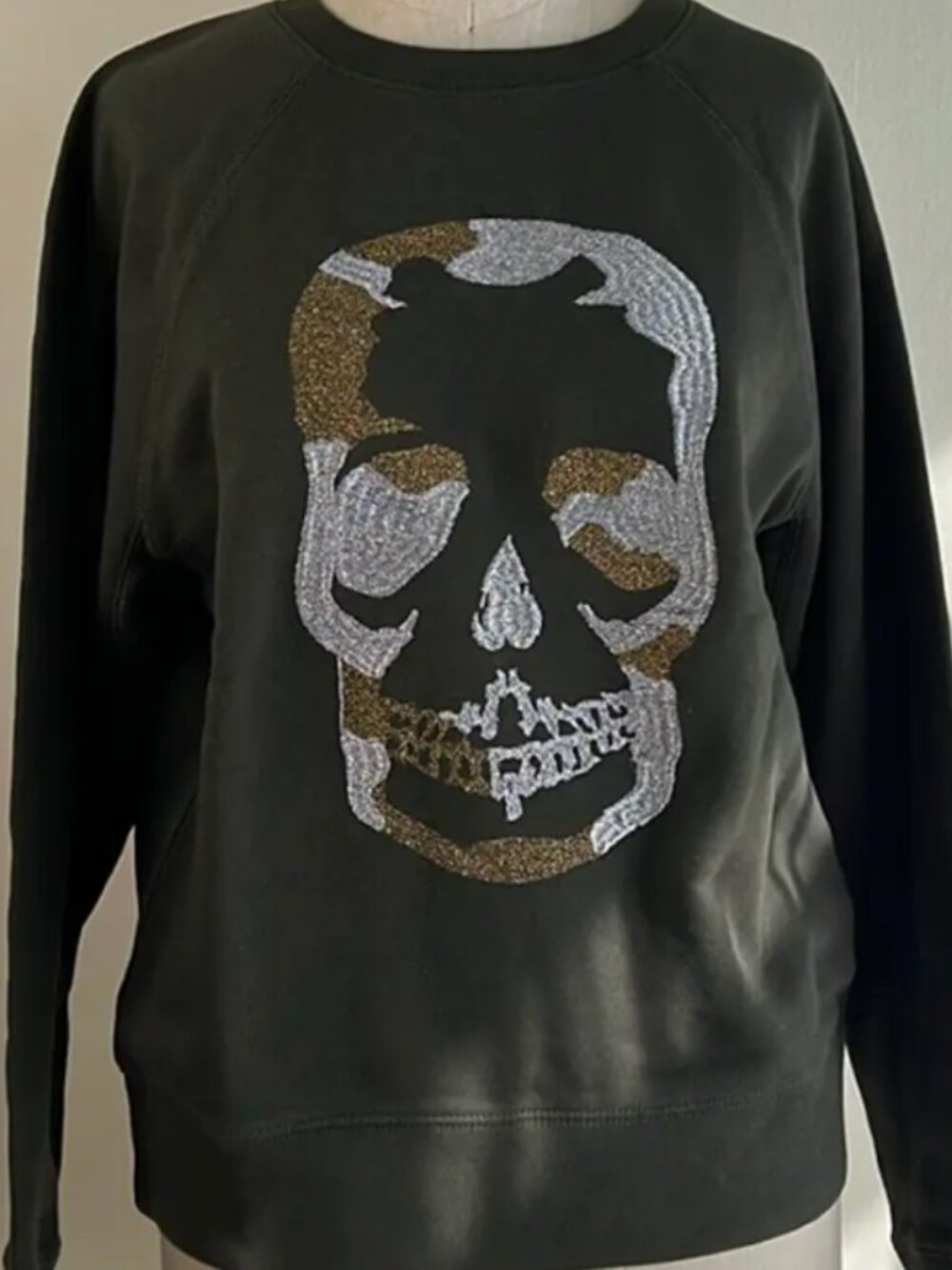Zadig & Voltaire Upper Camo Skull Kaki Olive Gold Embroidery Sweatshirt